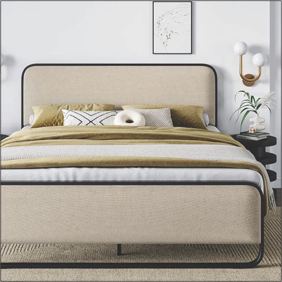 Vintage Upholstered Bed with Metal Accents